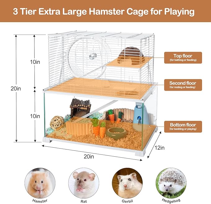 3 Tiers Large Hamster Cages Glass, Heightened Wire Topper with Two Shelf and Two Ladders Ramps, Openable Top, Easy to Clean Removeable Waterproof PVC Tray Medium