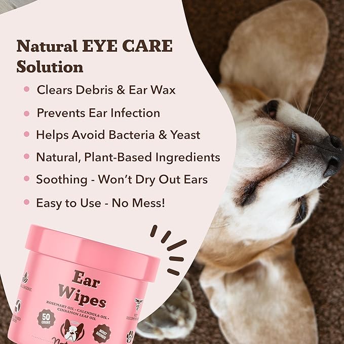 Natural Dog Company Ear Wipes for Dogs – Gentle Ear Cleaning Wipes for Wax, Odor & Itchy Ears, Soothing Cleaner with Aloe & Witch Hazel for Daily Care, 50 Count