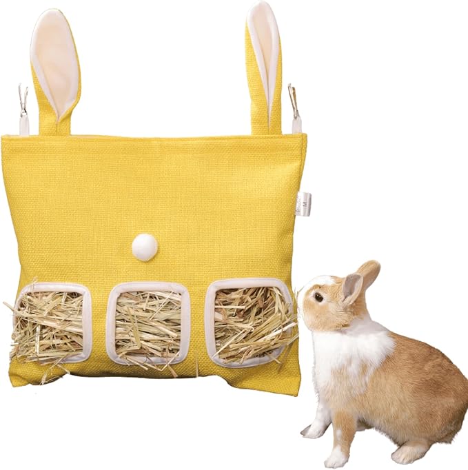 Rabbit Hay Feeder, Bunny Hay Bag for Rabbits,Rabbit Feeder Fabric Bag Feeder Storage Bag,Large Capacity Cotton Canvas Fabric Hanging Hay Feeder Bag for Small Animal,Hay Guinea Pig (Yellow,M)