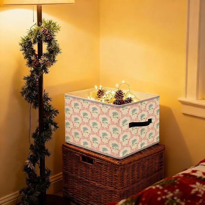 Coquette Pink Bow Blue Hydrangea Floral Storage Bins, Preppy Grandmillennial Hydrangea Flower Foldable Closet Organizers Storage Basket Toybox for Girls Dorm Clothes Bed Sheets Blankets Toys