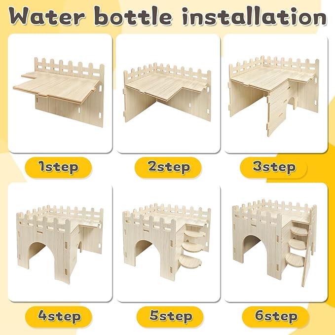 Hamster Cage Accessories, Hamster Toys, Wooden Maze House, Water Bottle with Stand, Feeding Bowl, Suitable for Hamsters, Mice and Other Small Animals Habitats
