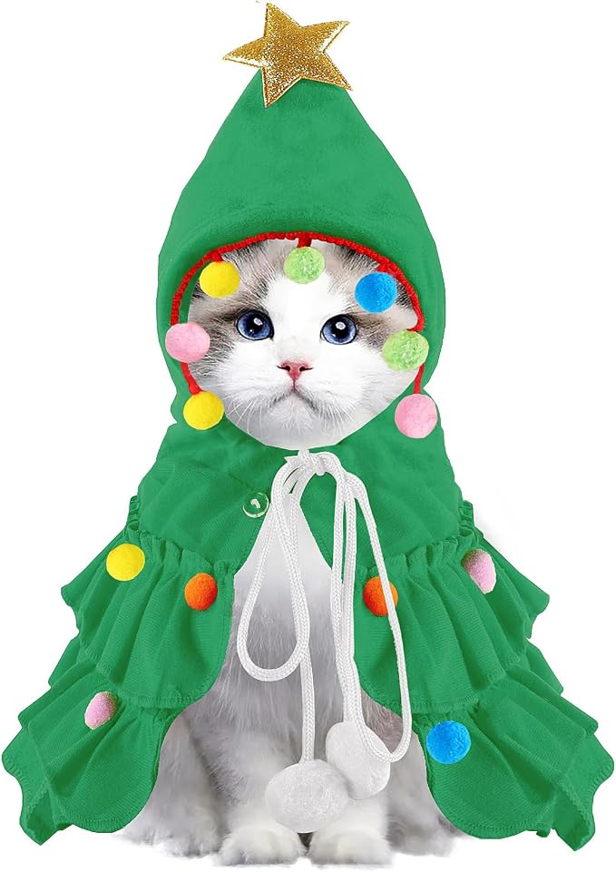 Vellibring Cat Christmas Outfit Green Pet Cloak with Hat with Star and Pompoms Puppy Cape Clothes Xmas Tree Elf Costumes Party Pet Supplies Accessories for Small Dogs Cats Pet Santa Presents