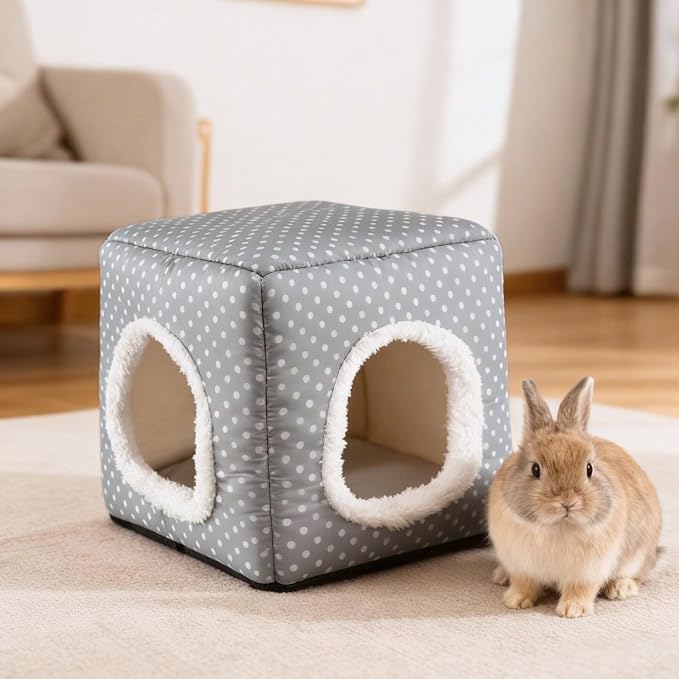 Guinea Pig Hideout with 2 Removable Mat, Two Entrances, Dwarf Rabbit Bed, Washable Bunny House, Small Pet Accessories Gray Dot