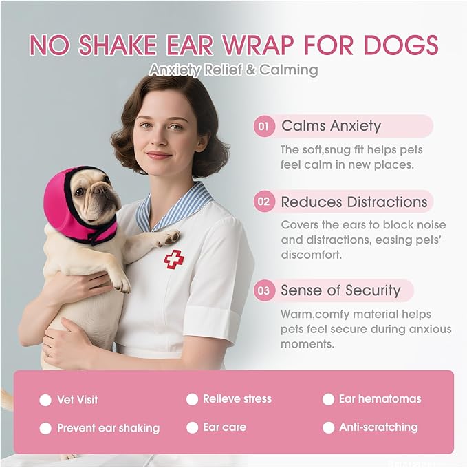Dog Calming Hoodie,No Shake Ear Wraps for Dogs,Ear Cover for Noise Protection Anxiety Relief,Swim Cap Bath Blow Drying Headband,for Fireworks Grooming Bathing,Vet Visit,Rosered,M
