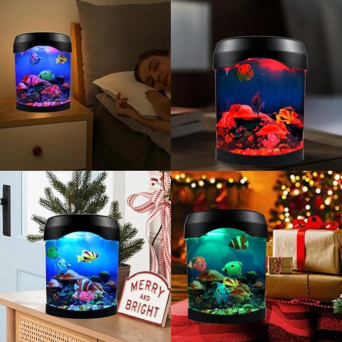 Toycol Fake Fish Lamp, Nightly Lifelike Desk Electric Mood Light, LED Light Tank with 6 Color Changing and 5 Fake Fish Mini Aquarium for Home Office Deco Adults, Gifts for Kids and Adults