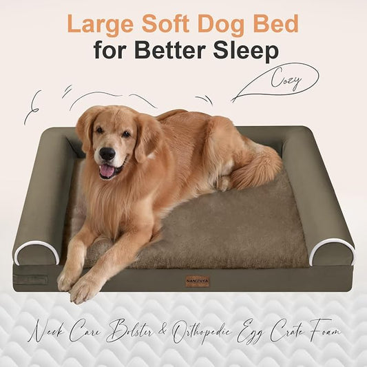 NANUYA Orthopedic Dog Bed for Jumbo Dogs, 48 x 33 Inch, Brown | Egg crate foam for joint support, 3-sided bolster pet sofa, waterproof lining, washable cover, and non-skid base