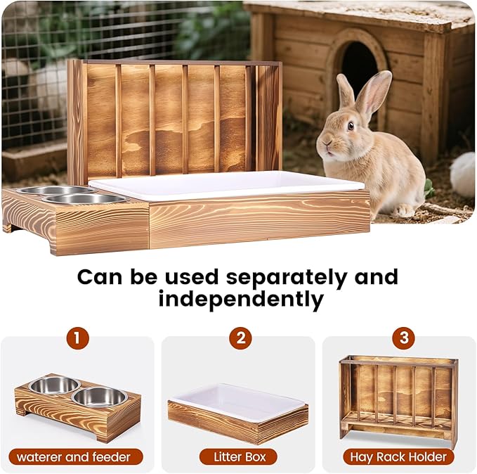 3 in 1 Rabbit Hay Feeder with Litter Box and 2 Bowls, Bunny Feeder Guinea Pig hay Rack Holder & Litter Box for Chinchilla Hamsters Guinea Pig Rabbit Bunny Small Animals (Brown)
