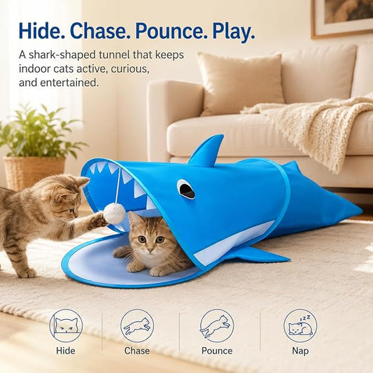 Blue Shark Cat Tunnel Toy, Collapsible Pop-Up Cat Play Tunnel with Interactive Hanging Ball & Storage Bag, Durable Polyester Interactive Cat Toy for Indoor Cats, Kittens