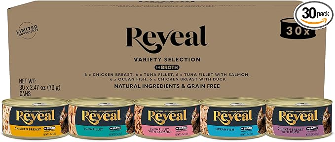 Reveal Natural Wet Cat Food, 30 Count, Grain Free, Limited Ingredient Canned Food for Cats, Fish and Chicken Variety in Broth, 2.47 oz Cans