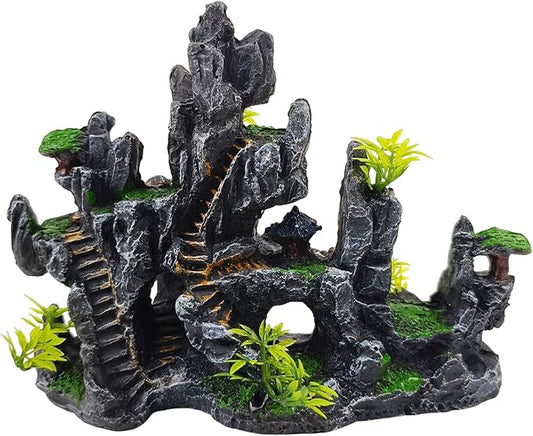 Aquarium Ornaments View Mountain,Fish Tank Decorations Resin Rock Landscape Artificial Stone Aquarium Decor with Plant Cave for Small Fish Shrimp