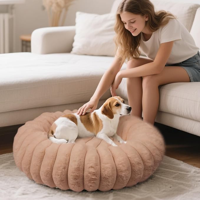 Donut Dog and Cat Bed, Luxurious Comfortable Faux Rabbit Fur Pet Beds, Round Anti-Anxiety Calming Puppy Kitten Bed with Anti-Slip Bottom for Small Medium Dogs & Cats(24", Brown)