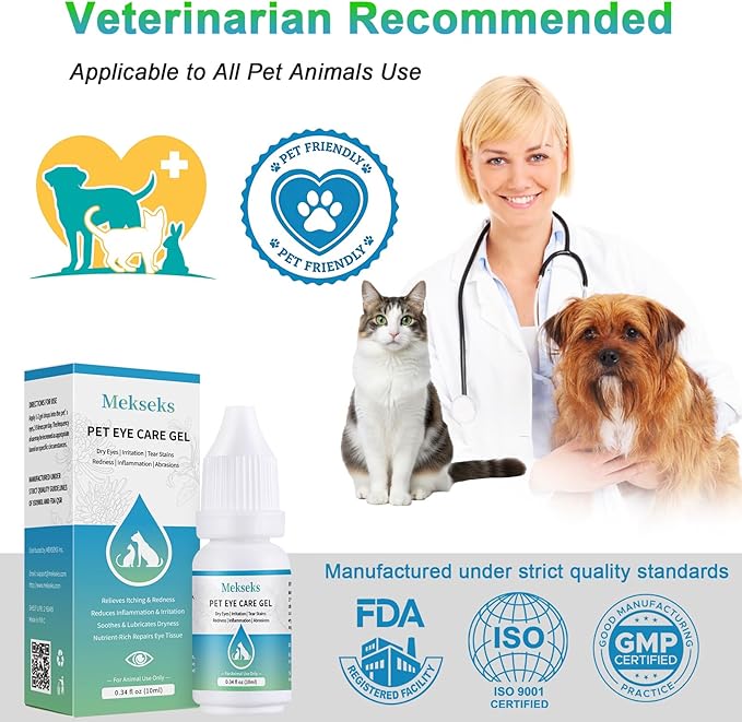 Pet Eye Care Gel Drop for Dogs, Cats, 1% Hyaluronan Eye Drops, Relieves Dry Eyes Redness Irritation Discharge Tear Stain, Gentle Ocular Repair with Artificial Tears, Taurine, Herbal Extracts, 0.34 oz