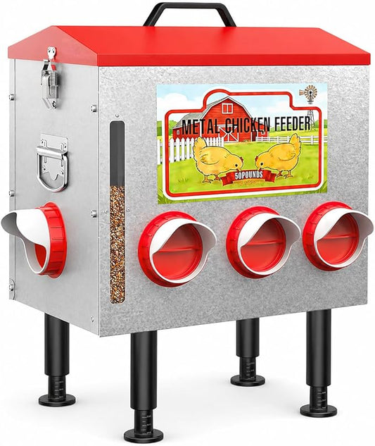 50LBS Metal Chicken Feeder Dispenser with Lid, Adjustable Legs, 8 Feeding Ports, No-Waste & Rodent-Proof Design, Visual Feed Level Indicator, Durable Outdoor Poultry Feeder for Chickens, and Geese