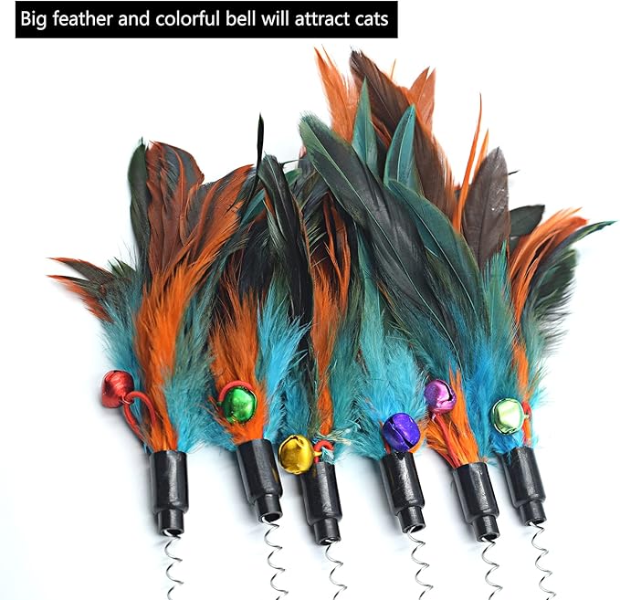 IUHKBH Cat Feather Wands, 6 PCS Spring Cat Teaser Wands with Bell Self Play Feather Toys Interactive Kitten Wand