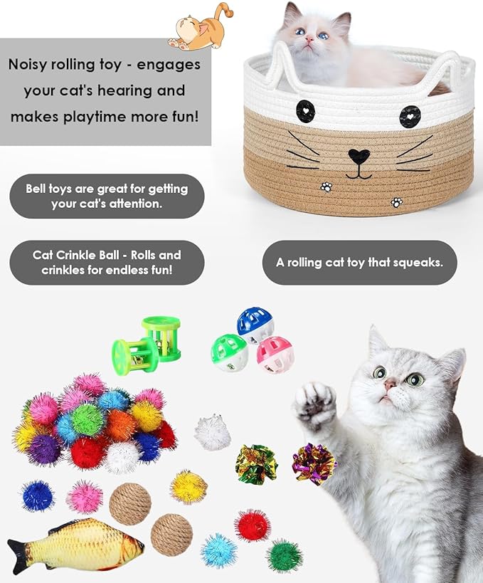 76-Piece Cat Storage Basket & Interactive Cat Toy Set: Wand Toy, Colorful Flashing Balls, Crinkle Balls – Attracts Kittens to Swat and Hunt, Indoor Cat Toy (Khaki)