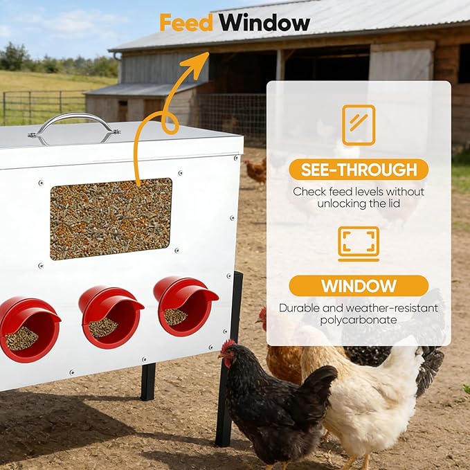 42 lb Large Automatic Chicken Feeder with Window - 8 Port No Waste Design, Rodent Proof Chicken Feeder, Galvanized Heavy-Duty Outdoor Metal Feeder, Weatherproof Silo for Hens, Ducks, Geese, Poultry