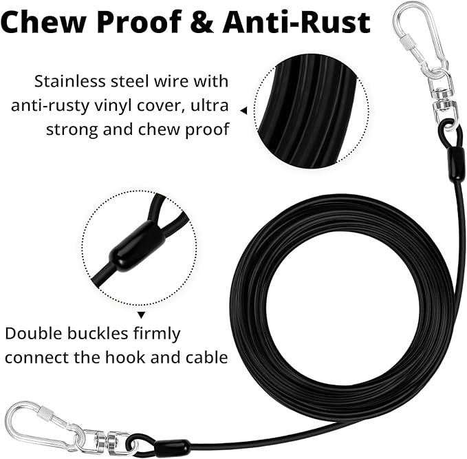 jenico Dog Tie Out Cable: 25ft Dog Lead for Yard - Heavy Duty Chain Leash Outside for Small Large Dogs Up to 500 lbs - Outdoor Runner Tether (Black)