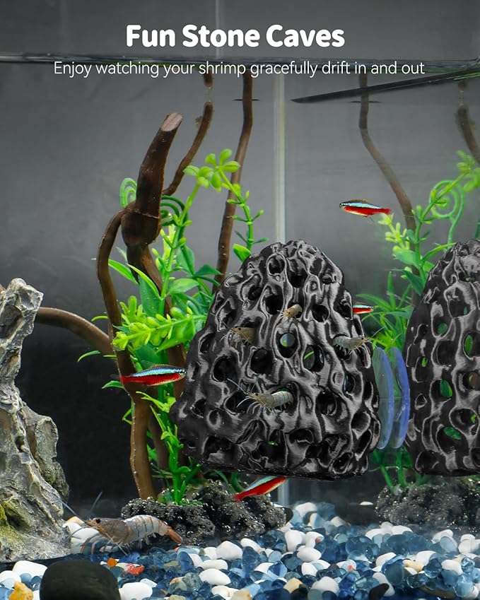 Uniclife Shrimp Cave, Shrimp Hides for Aquarium, Realistic Plastic Aquarium Coral Rock Decorations with Suction Cup, Betta Hideout Tank Accessories for Fish Tank Decor, Hiding & Resting, Black