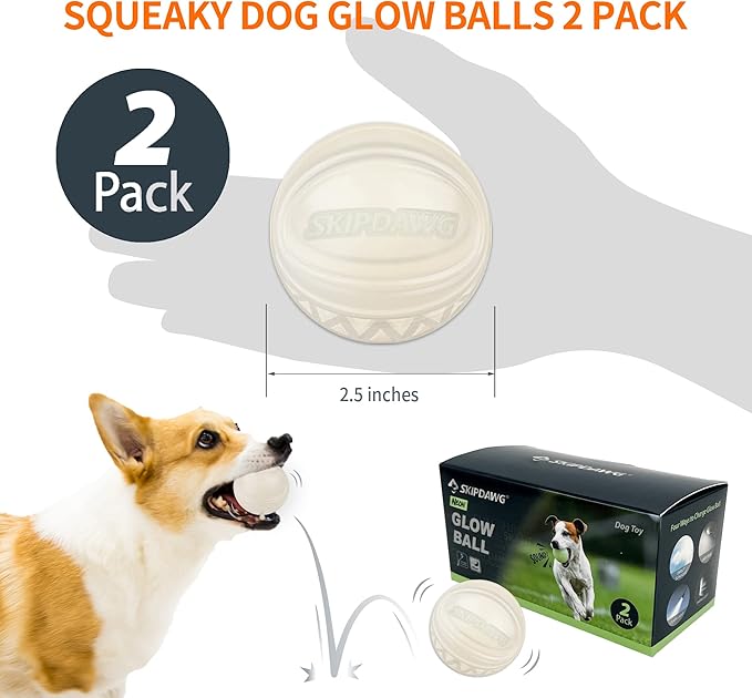 SKIPDAWG Interactive Dog Glow Balls, Rubber Balls Light Up in the Dark, Dog Toys Squeaky Ball Durable TPR Light Weight, Bouncy Glowing Ball Size 2.5 Inches, 2 Pack