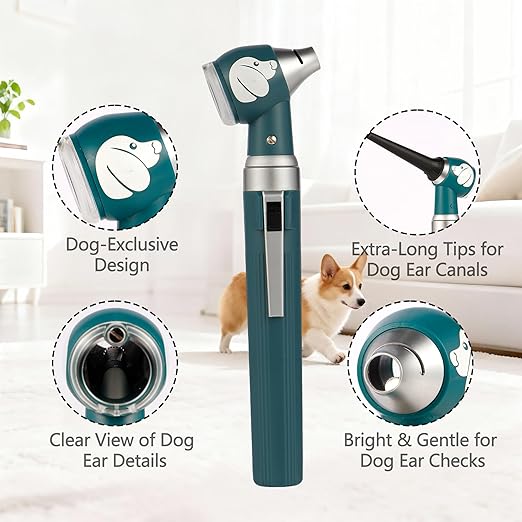 Pocket Veterinary LED Otoscope - Pet Ear Scope with Light for Dogs & Cats, 6 Disposable Tips (4/6/9mm), Portable Ear Infection Detector (Green)