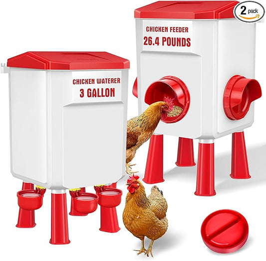 Chicken Feeder and Waterer Set 3 Gallon/26.4 Pounds, Automatic Chick Feeder and Waterer Set No Waste, Poultry Feeder Large for Hens/Ducks/Poultry