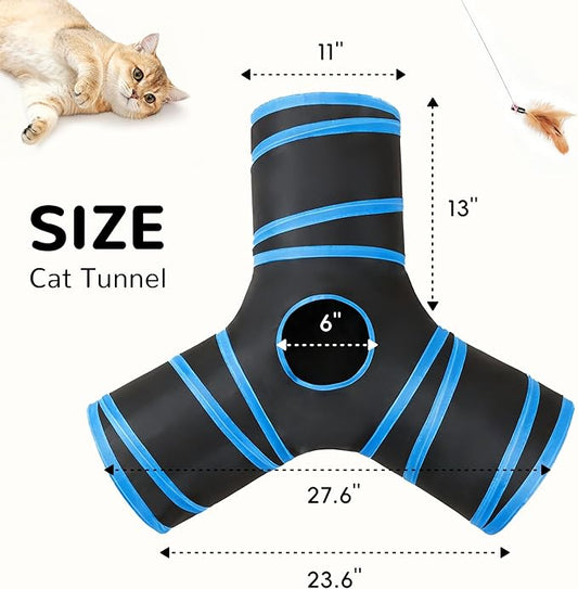 Tempcore Cat Tunnel for Indoor Cats, 3-Way Collapsible Play Tunnel with Teaser Wand, Peek Holes & Toy Ball, Small Pet Toy for Kittens & Rabbits, Black & Royal Blue