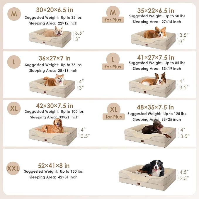 EHEYCIGA Orthopedic Dog Bed for Medium Dog, 35x22 Inch Memory Foam Dog Couch Bed with Sides, Waterproof Liner & Washable Removable Cover, Bolster Pet Sofa, Beige