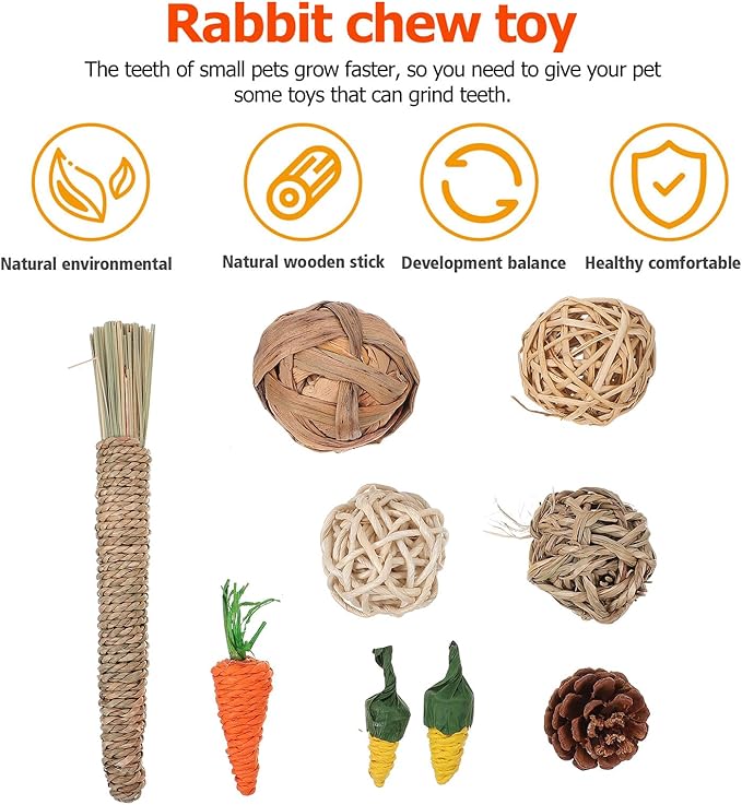Beaupretty 9pcs Rabbit and Hamster Chew Set for Teeth Cleaning, Natural Wood Molar, Small Animal Dental Care Accessories for Bunnies, Guinea Pigs, and Chinchillas