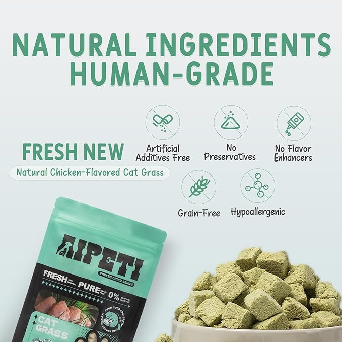 Freeze Dried Cat Grass & Chicken Treats (3.53oz/100g) - Natural Hairball Relief & Digestive Support - Dental Cat Chews for Teeth Cleaning & Fresh Breath - Grain-Free