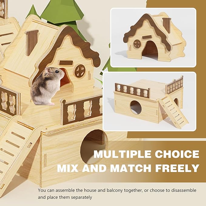 Wooden Hamster Platform and Dwarf Hamster House,Cute Syrian Hamster Tiny House Hideout,Large Balcony Lookout Holes,for Dwarf Gerbils and Mouse Mice Rat Other Small Animals(A)