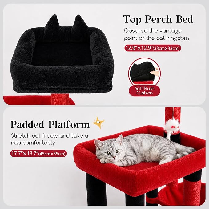 Globlazer Gothic Cat Tree Tower with 2 Spacious Condos for Multiple Indoor Cats, 52in Multi-Level Goth Cat Condo Tower with 5 Scratching Posts, Padded Perch, Big Basket, Widened Base, S52, Black Red