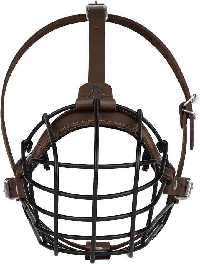 Pitbull Dog Muzzle Breathable Metal Basket for Large Dogs Amstaff Staffordshire Terrier Secure Wire Mask Adjustable Durable Leather Straps Biting Chewing Barking (Dark Brown)