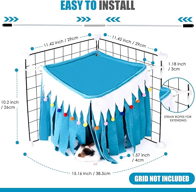 Guinea Pig Hideout - Guinea Pig Corner Hideout, Four-Sided Fringes, Square Top and Washable Hides, Ideal Hides for Small Pets, No Metal Fences, Blue