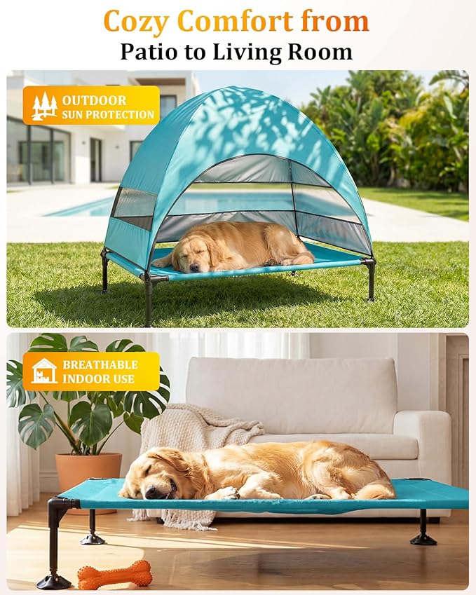 Elevated Dog Bed with Canopy - 3-Sided UV Protection Pet Tent with Wider Shade, Raised Cooling Outdoor Dog Cot with Breathable Mesh for Medium Large Dogs, Portable Pet Bed for Camping, Patio (Aqua, L)