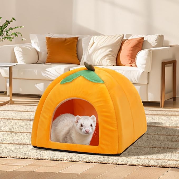 Guinea Pig Hideout Warm Fleece Small Animal Bed Washable Pet Cushion Winter Warm Sleeping Nest for Hamster Rabbit Chinchilla(Pumpkin Style)