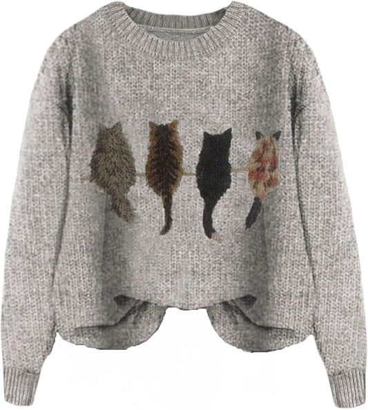 WDIRARA Women's Cat Graphic Sweater Long Sleeve Crew Neck Knit Tops Casual Knitwear