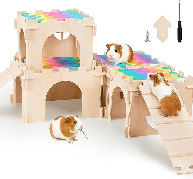 Guinea Pig Hideout, Guinea Pigs House with Stairs and Mats Extra Large Guinea Piggy Castle Detachable Hideouts for Small Animals Wooden Guinea Pig Habitats with Multiple Doors and Windows
