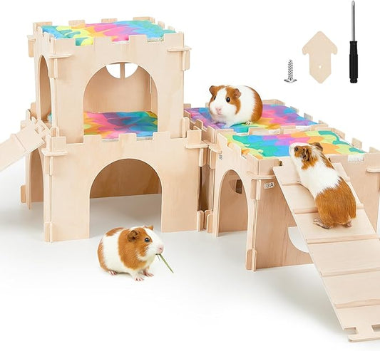 Guinea Pig Hideout, Guinea Pigs House with Stairs and Mats Extra Large Guinea Piggy Castle Detachable Hideouts for Small Animals Wooden Guinea Pig Habitats with Multiple Doors and Windows