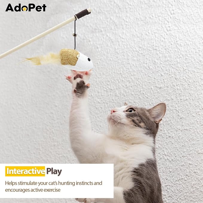 4PCS Cat Teaser Wand Toy Set – Wooden Handles with Sisal Rope Balls, Mouse & Feather Attachments, Interactive Play Wands with Bells for Indoor Cats