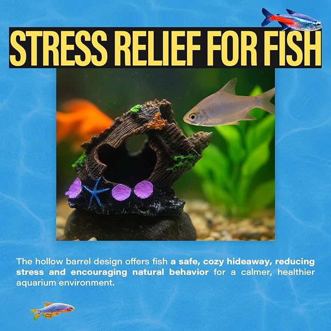 Oak Barrel Aquarium Decoration 4.3" – Resin Fish Tank Ornament with Multiple Hiding Spots, Safe Shelter for Small and Medium Aquariums, Stress-Relief Underwater Decor, Easy to Clean