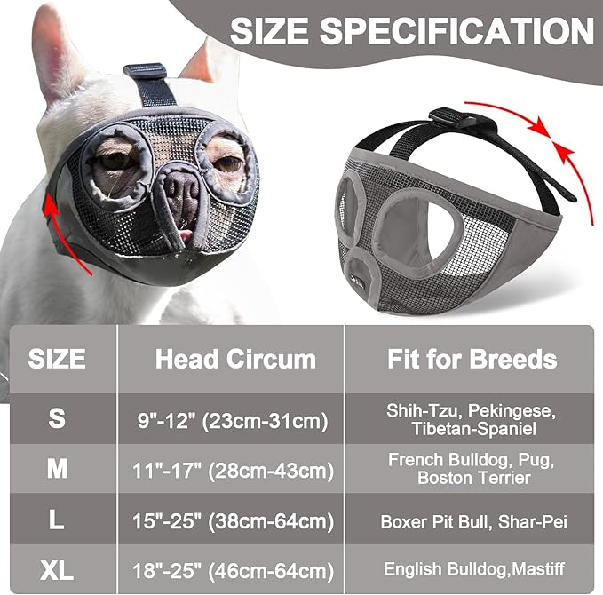 Short Snout Dog Muzzles- Adjustable Breathable Mesh Bulldog Muzzle for Biting Chewing Licking Training Grooming Dog Mask (Grey, Small/9"-12")