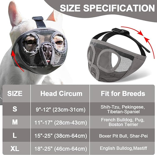 Short Snout Dog Muzzles- Adjustable Breathable Mesh Bulldog Muzzle for Biting Chewing Licking Training Grooming Dog Mask (Grey, Small/9"-12")