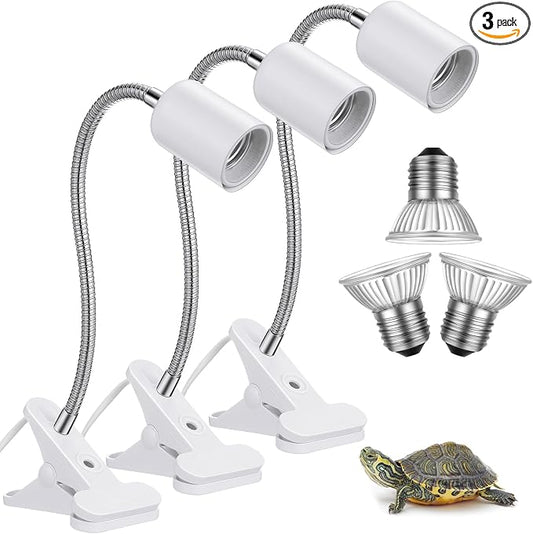 3 Set Reptile Heat Lamp UVA/UVB Turtle Heat Lamp Holder Fixture Clamp Basking Spot Adjustable 50w Full Spectrum Sun Sunbathe Bulb for Turtle Lizard Bearded Dragon Snake Aquarium Amphibian(White)