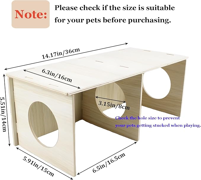 Amonk Large 2-Chamber Hideout 14x5.5x6in Wooden Hamster Secret Peep Shed Exploring Toys for Gerbils, Guinea Pigs, and Other Small Pet Animals