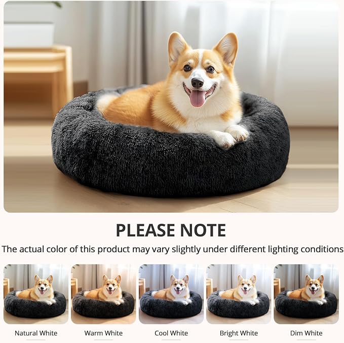 JOLLYVOGUE Calming Small Dog & Cat Bed for Indoor Cats - 20 inches Washable Donut Bed for Kittens & Puppies, Anti-Anxiety Round Fluffy Plush Pet Beds (Fits up to 15 lbs, Smoke Black)