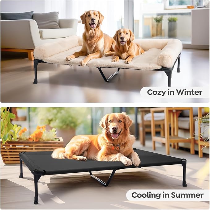 Veehoo Orthopedic Elevated Dog Bed with Fluffy Plush Bolster Cushion, Indoor Raised Dog Beds for Large Dogs, Soft Pet Sofa Cot with Removable Washable Mat, No-Slip Feet, 59 x 37 inches, Cream White