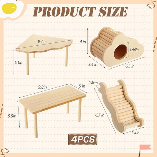 BreezeHug 4 Pcs Hamster Platform Hideout Wooden Tunnel Ladder Playhouse Hamster Game Climbing Toy with Platform Cage Accessories for Pets Dwarf Syrian Mice Degus Gerbils Squirrel(Cloud)