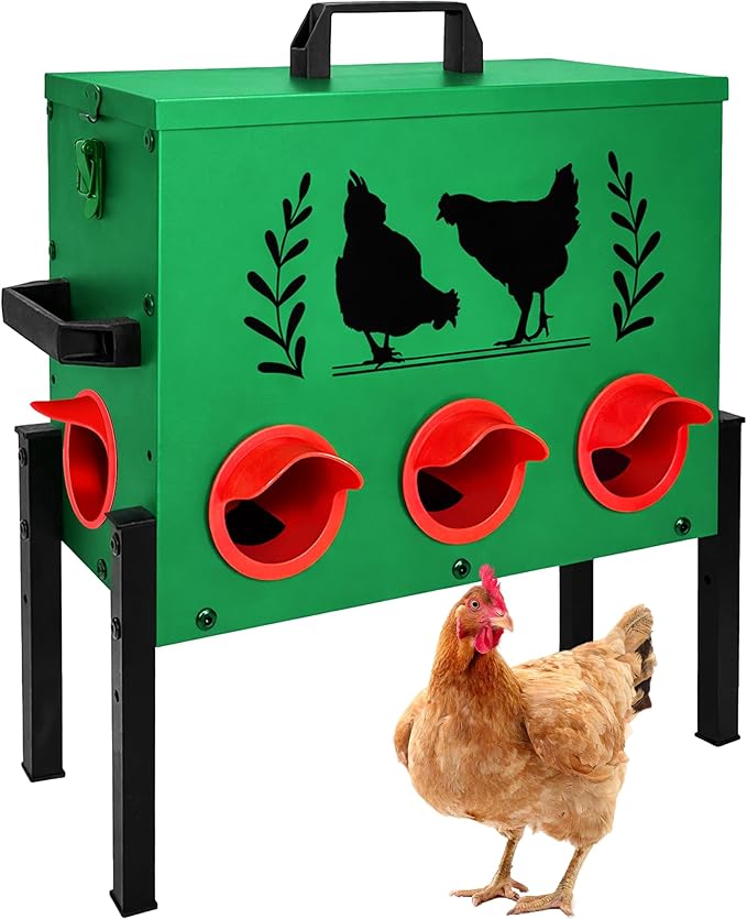 No Waste Automatic Chicken Feeder (50 LB), Rodent Resistant Metal Poultry Feeder with Locking Lid, Adjustable Stand & 8 Ports, Heavy Duty Weatherproof Feed Box for Hens, Ducks