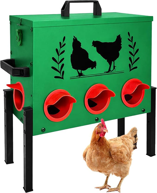 No Waste Automatic Chicken Feeder (50 LB), Rodent Resistant Metal Poultry Feeder with Locking Lid, Adjustable Stand & 8 Ports, Heavy Duty Weatherproof Feed Box for Hens, Ducks