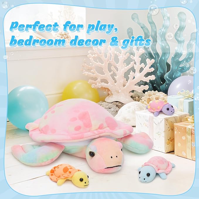 Muiteiur Turtle Stuffed Animals 4 Packs, Sea Turtle Plush Toy Set - Soft Mommy Stuffed Animal Turtle with 3 Babies, Cute Toys for Kids & Toddlers (Pink)